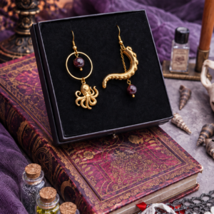 Boucles d'oreille asymétriques "Le Kraken de la Baie de Morts & Fiers" - Grenat et acier inoxydable doré ou argenté – Image 2