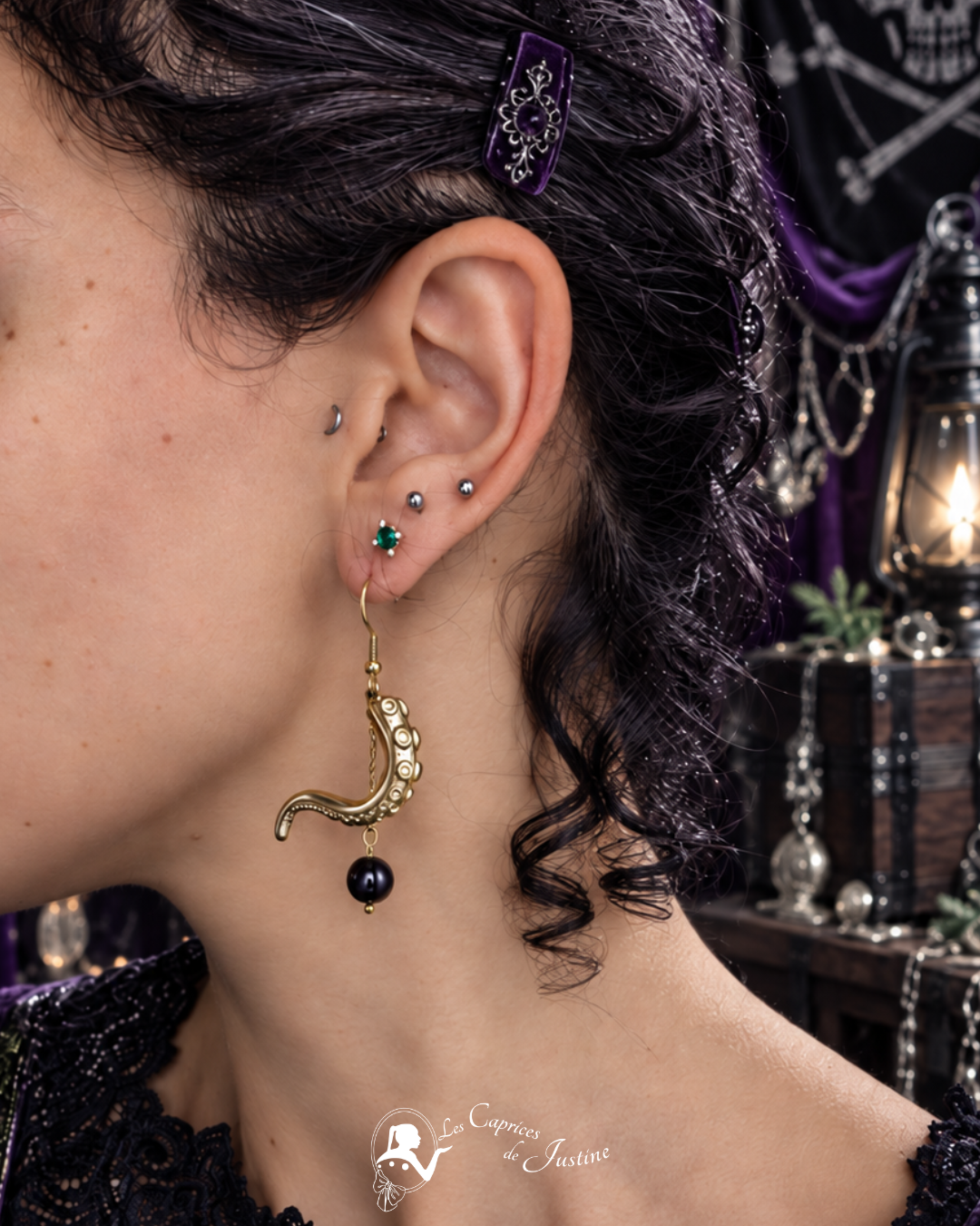 Boucles d'oreille asymétriques "Le Kraken de la Baie de Morts & Fiers" - Grenat et acier inoxydable doré ou argenté – Image 6