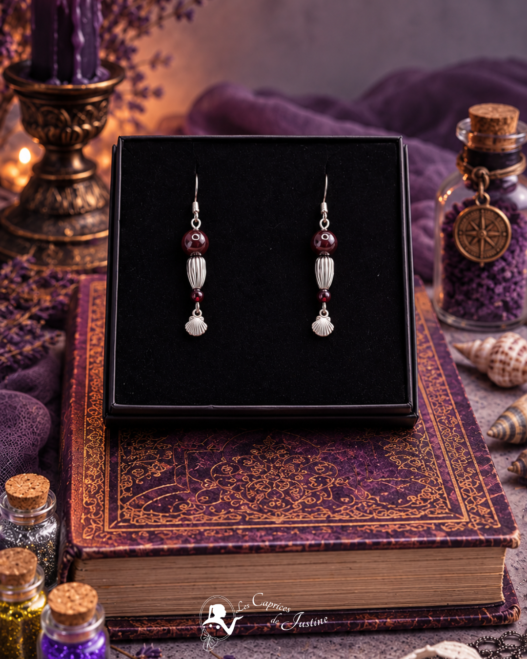 Boucles d'oreille "Coquillages de la Baie de Morts & Fiers" - Grenat et acier inoxydable – Image 2