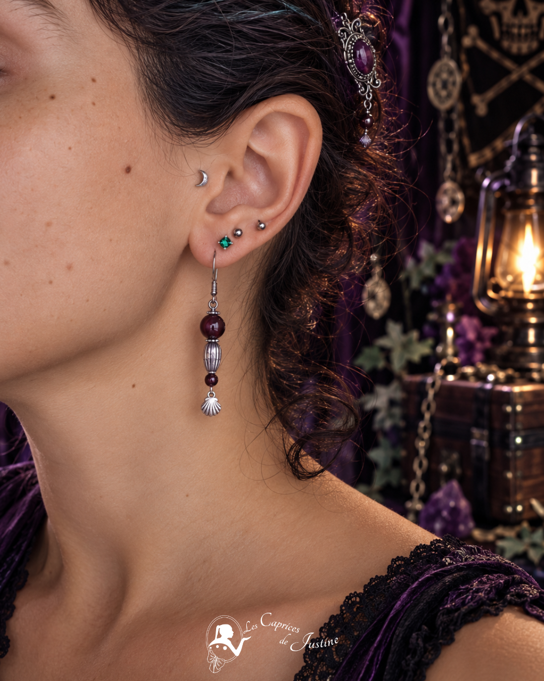 Boucles d'oreille "Coquillages de la Baie de Morts & Fiers" - Grenat et acier inoxydable