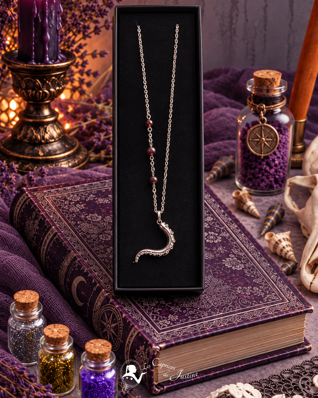 Collier "Tentacule de Kraken de la Baie de Morts & Fiers" - Grenat et acier inoxydable doré ou argenté