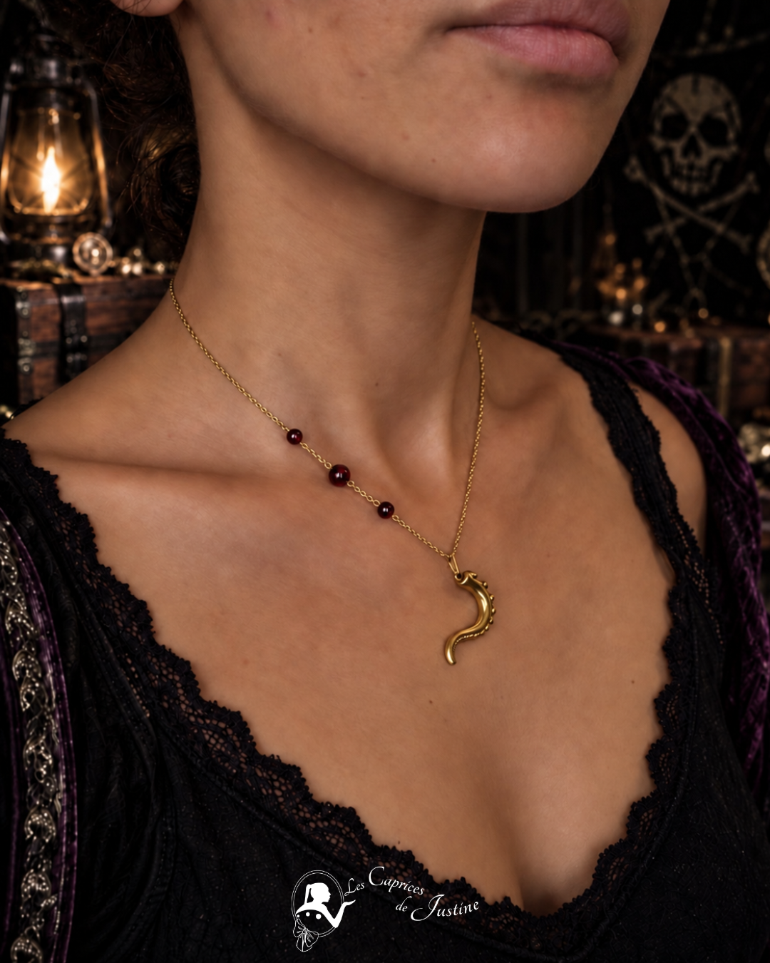 Collier "Tentacule de Kraken de la Baie de Morts & Fiers" - Grenat et acier inoxydable doré ou argenté – Image 4