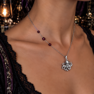 Collier "Mini Kraken de la Baie de Morts & Fiers" - Grenat et acier inoxydable doré ou argenté