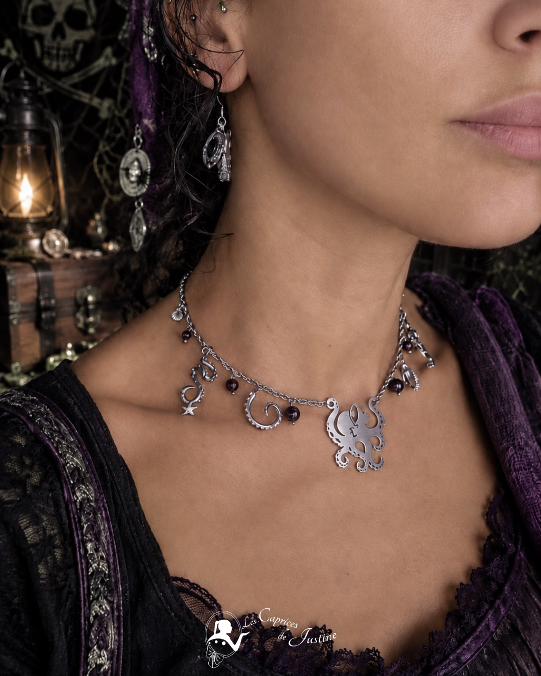 Collier Unique "Kraken de la Baie de Morts & Fiers" - Grenat et acier inoxydable
