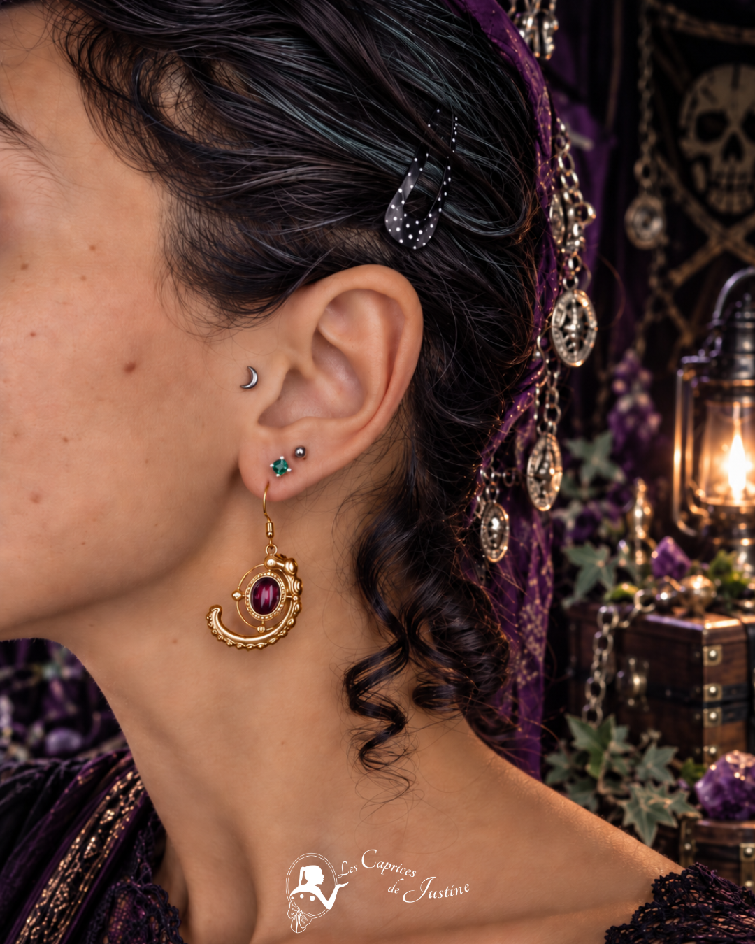 Boucles d'oreille "Trésor du Kraken de la Baie de Morts & Fiers" - Grenat et acier inoxydable doré ou argenté – Image 2