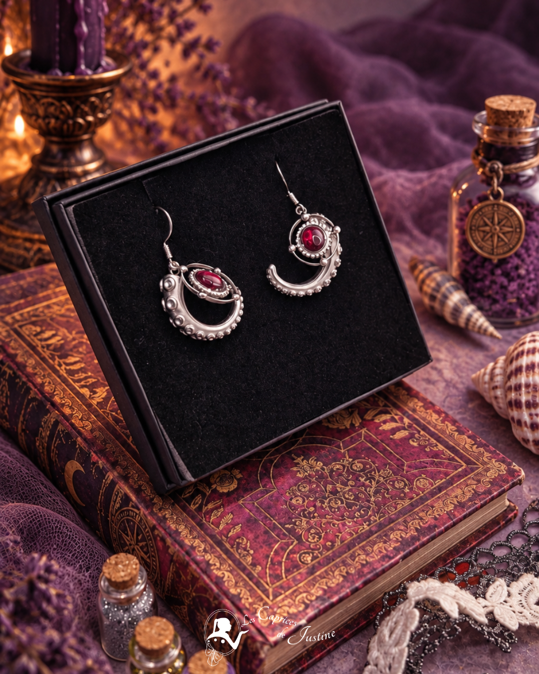 Boucles d'oreille "Trésor du Kraken de la Baie de Morts & Fiers" - Grenat et acier inoxydable doré ou argenté – Image 5